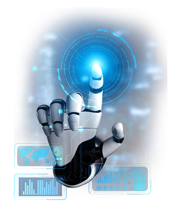 Eine futuristische Roboterhand ber&uuml;hrt ein leuchtendes Hologramm, umgeben von digitalen Datenanzeigen und Hightech-Elementen.