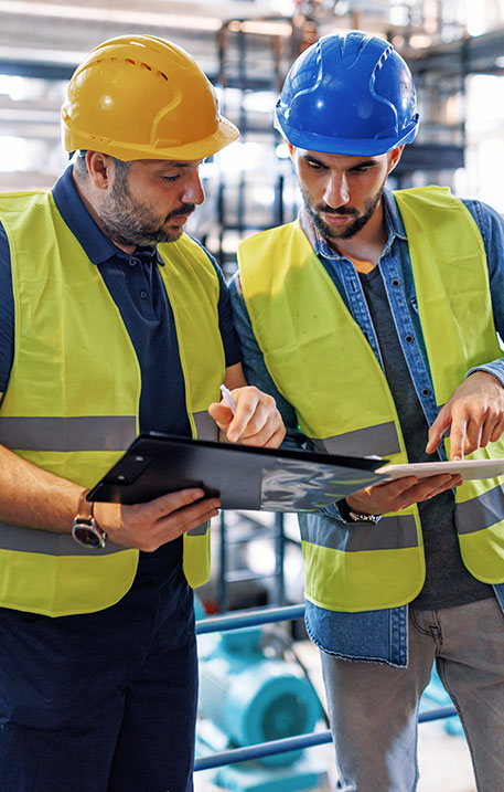Zwei Projektingenieure mit Schutzhelmen und Warnwesten &uuml;berpr&uuml;fen mit einem Tablet die Abl&auml;ufe in einer Industrieanlage.